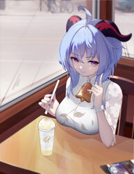  absurdres ahoge blue_hair breasts candy_shunya commentary cup disposable_cup dress drinking_straw female ganyu_(genshin_impact) ganyu_(heytea)_(genshin_impact) genshin_impact hand_up highres holding holding_drinking_straw horns index_finger_raised indoors large_breasts long_hair looking_at_viewer nail_polish official_alternate_costume purple_eyes purple_nails shenhe_(genshin_impact) smile solo upper_body watch white_dress wristwatch 