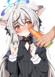  1other animal_ears black_dress black_hair black_jacket blue_archive blush breasts carrot cheek_poking dress female grey_hair hair_between_eyes halo hands_up highres holding holding_carrot jacket kokona_(blue_archive) long_hair long_sleeves looking_to_the_side machismo_fuji multicolored_hair nose_blush poking simple_background single_bare_shoulder small_breasts solo_focus streaked_hair striped_clothes striped_dress striped_jacket tearing_up trembling white_background yellow_eyes 