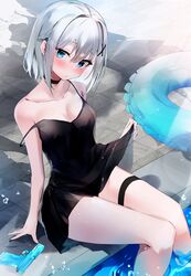  absurdres black_dress black_panties blue_eyes blush breasts choker cleavage closed_mouth collarbone dress female green_hair gun hair_ornament highres looking_at_viewer medium_breasts medium_hair nanashinayuzu_mochi original panties poolside sitting sleeveless sleeveless_dress solo thigh_strap underwear weapon 