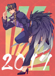  1boy 2017 absurdres adjusting_clothes adjusting_headwear against_wall black_hair chains chinese_zodiac coat gakuran hat high_heels highres jojo_no_kimyou_na_bouken kujo_jotaro less_end long_coat male_focus monster_boy muscular muscular_male purple_coat rooster_tail school_uniform solo standing standing_on_one_leg stardust_crusaders year_of_the_rooster 