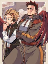  2boys alternate_costume beard blonde_hair blue_eyes boku_no_hero_academia border brown_coat brown_pants closed_mouth coat collared_shirt commentary_request crossed_arms dress_shirt endeavor_(boku_no_hero_academia) facial_hair grey_border hand_up hawks_(boku_no_hero_academia) headphones long_sleeves looking_at_viewer male_focus miso_(mimimiso) multiple_boys pants red_hair red_wings scar scar_across_eye scar_on_face shirt short_hair spiked_hair vest white_shirt wings 