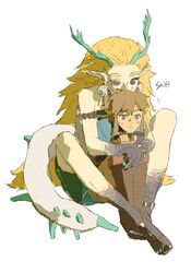  1boy alternate_form blonde_hair bo_oj0916 brown_hair dragon_girl dragon_horns dragon_tail earrings female heterochromia highres horns hug hug_from_behind jewelry light_dragon_(zelda) link pointy_ears princess_zelda sitting sitting_on_lap sitting_on_person smelling spoilers tail tall_female the_legend_of_zelda the_legend_of_zelda:_tears_of_the_kingdom 