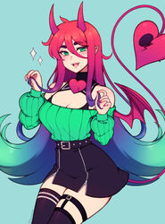  artist_name asymmetrical_legwear belt black_bra black_skirt black_thighhighs blue_background blue_hair blush bra breasts cleavage demon_girl demon_horns demon_tail demon_wings ear_piercing fangs female gradient_hair green_eyes green_hair green_sweater highres horns large_breasts long_hair long_sleeves looking_at_viewer mismatched_legwear mole mole_under_mouth multicolored_hair off-shoulder_sweater off_shoulder open_mouth original piercing pink_nails pointy_ears purple_hair red_hair simple_background skirt smile solo sweater tail teeth the_scarlet_devil thighhighs underwear upper_teeth_only very_long_hair wings 