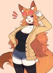  :3 adjusting_eyewear animal_ears arm_up black_thighhighs blunt_bangs blush breasts brown_hair choker cleavage collarbone commission denim denim_shorts eyewear_on_head fangs female fox_ears fox_girl fox_tail freckles hand_on_own_hip highres large_breasts long_hair long_sleeves one_eye_closed open_mouth original purple_eyes red-tinted_eyewear round_eyewear short_shorts shorts smile solo sunglasses tail the_scarlet_devil thighhighs tinted_eyewear yellow-framed_eyewear 