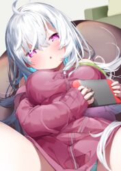  :o absurdres ahoge bare_shoulders blue_hair blush breasts commentary_request female hair_between_eyes highres holding jacket kamioka_shun&#039;ya long_hair long_sleeves looking_at_viewer lying medium_breasts multicolored_hair nintendo_switch off_shoulder on_back original parted_lips purple_eyes red_jacket shiori_(kamioka_shun&#039;ya) sleeves_past_wrists solo spread_legs two-tone_hair very_long_hair white_hair 