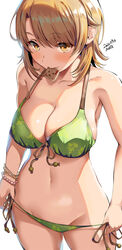  bangs banned_artist bare_shoulders belko bikini blush breasts brown_eyes brown_hair cleavage collarbone female green_bikini highres isshiki_iroha large_breasts long_hair looking_at_viewer mouth_hold navel short_hair solo swimsuit thighs yahari_ore_no_seishun_lovecome_wa_machigatteiru. 