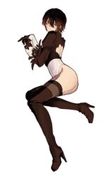  2b_(nier:automata) 2b_(nier:automata)_(cosplay) adventurer_(ff14) ass back_cutout black_gloves black_hair blue_eyes blush boots brown_footwear brown_gloves brown_hair brown_thighhighs clothing_cutout cosplay feather-trimmed_sleeves feather_trim female final_fantasy final_fantasy_xiv genderswap_(mtf) gloves gradient_hair grey_background hair_between_eyes high_heel_boots high_heels highleg highleg_leotard highres leotard looking_at_viewer looking_back lying multicolored_hair nier:automata nier_(series) no_blindfold on_side puffy_sleeves rule_63 short_hair simple_background skindentation sleeved_leotard solo thigh_boots thighhighs thong_leotard turtleneck turtleneck_leotard warrior_of_light_(ff14) white_gloves white_leotard xiao_dao_(kojimarie) 