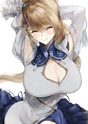  :&gt; absurdres animal_ears arknights armpit_cutout armpits arms_up blonde_hair blue_dress blush braid breasts china_dress chinese_clothes cleavage cleavage_cutout closed_eyes clothing_cutout commentary dress female hair_ornament highres kajuu kroos_(arknights) kroos_the_keen_glint_(along_the_corridor)_(arknights) kroos_the_keen_glint_(arknights) large_breasts long_hair rabbit_girl side_braid smile solo upper_body white_dress 