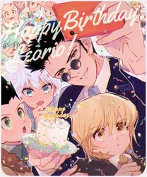  3girls 6+boys ;d bald black_hair blonde_hair blue_eyes border brown_hair cake cheadle_yorkshire commentary confetti dated english_commentary english_text food formal ging_freecss gon_freecss green_eyes group_picture hanzo_(hunter_x_hunter) happy_birthday hisoka_morow holding holding_phone hunter_x_hunter kigchi killua_zoldyck kurapika leorio_paladiknight long_hair looking_at_viewer looking_up male_focus menchi_(hunter_x_hunter) multiple_boys multiple_girls one_eye_closed open_mouth pariston_hill phone senritsu short_hair signature smile suit sunglasses teeth tongue tongue_out v white_border white_hair yellow_eyes zepile 