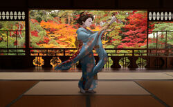  absurdres autumn blue_kimono brown_eyes dancing eyeliner facepaint female floral_print flower from_side geisha hair_bun hair_flower hair_ornament hair_pulled_back hand_fan hands_up highres holding holding_fan hotechige indoors japanese_clothes kanzashi kimono lips makeup nihongami obi original paper_fan parted_lips photo_background red_lips sash short_hair single_hair_bun solo standing tabi tatami tree wide_sleeves wooden_floor 