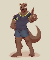  anthro barefoot blue_bottomwear blue_clothing blue_shorts bottomwear brown_body claws clothed clothing fangs feet finally_faded finger_claws fingers gesture hand_gesture hi_res male mammal muscular muscular_anthro muscular_male mustelid otter pointing pointing_at_viewer pose raul_(finally_faded) shirt shorts simple_background smile snaftfc solo standing teeth topwear whiskers 