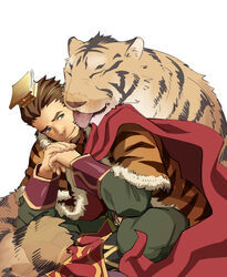  1boy animal animal_ears animal_print bara beard blue_eyes brown_hair cape chinese_clothes chinese_hat closed_eyes facial_hair guan_hat indian_style itto_(mentaiko) licking looking_at_another male_focus own_hands_together robe sangokushi_puzzle_taisen sitting smile sun_quan sun_quan_(sangokushi_taisen) tiger tiger_ears tiger_print white_background 