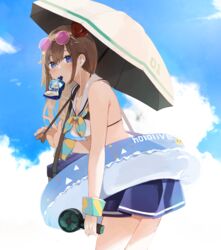  bag bikini bikini_skirt blue_eyes blue_sky blush breasts brown_hair cloud cloudy_sky commentary coolish copyright_name cowboy_shot day earbuds earphones electric_fan emoji eyewear_on_head female hair_flaps hair_ornament hair_ribbon hand_fan highres holding holding_umbrella hololive innertube kase_(kurimuzone_oruta) long_hair looking_at_viewer medium_breasts official_alternate_costume outdoors parasol pleading_face_emoji ribbon round_eyewear sailor_collar shoulder_bag sky solo star_(symbol) star_hair_ornament sunglasses swim_ring swimsuit tinted_eyewear tokino_sora tokino_sora_(hololive_summer_2019) umbrella virtual_youtuber white_bikini wrist_cuffs 