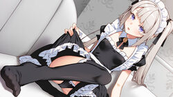  bad_id bad_twitter_id blonde_hair blue_eyes blush breasts clothes_lift commentary couch detached_collar dress dress_lift feet female frilled_dress frills hair_ribbon hair_tie inactive_account looking_at_viewer maid maid_headdress no_shoes on_couch open_mouth original panties pantyshot rasaras_leonids ribbon short_sleeves sitting small_breasts smile thighhighs thighs tied_hair twintails underwear wrist_cuffs 