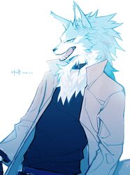  anthro blue_body blue_eyes blue_fur brand_new_animal canid canine canis clothing coat collar depravedstar fangs fur half-length_portrait hi_res male mammal neck_tuft portrait shirou_ogami simple_background solo studio_trigger teeth topwear tuft white_background wolf 