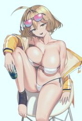  :d ahoge anis_(nikke) anis_(sparkling_summer)_(nikke) bare_legs bare_shoulders bikini blue_background breasts brown_hair can collarbone commentary_request eyepatch_bikini female goddess_of_victory:_nikke groin highres holding holding_can jacket knee_up large_breasts looking_at_viewer navel off_shoulder official_alternate_costume open_clothes open_jacket open_mouth revision short_hair siguya simple_background sitting smile solo stomach strapless strapless_bikini swimsuit thighs white_bikini yellow_eyes yellow_jacket 