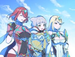  3girls :d bare_shoulders black_gloves blonde_hair blunt_bangs bodysuit breasts chest_jewel cleavage_cutout closed_eyes clothing_cutout covered_navel day dress earrings elbow_gloves fangs fingerless_gloves gloves grey_hair jewelry large_breasts lobsterbaby99 long_hair multiple_girls mythra_(xenoblade) nia_(xenoblade) open_mouth outdoors pyra_(xenoblade) red_hair short_hair sky small_breasts smile spoilers swept_bangs tiara upper_body white_dress white_gloves xenoblade_chronicles_(series) xenoblade_chronicles_2 yellow_bodysuit yellow_eyes 