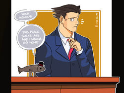  biped blue_clothing blue_suit capcom clothing courtroom dialogue dingaling_productions duo english_text fish fish_tail grey_body gyakuten_saiban harvey_alibastor hat he4lth headgear headwear human lawyer lisa_the_painful male mammal marine naruhodou_ryuuichi necktie profanity red_necktie simple_background simple_eyes suit text worried 