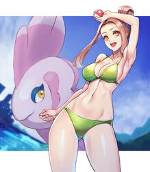  :d alomomola arm_up armpits ass_visible_through_thighs bare_shoulders bikini blue_sky breasts brown_eyes brown_hair cleavage clenched_hand cloud collarbone commentary_request cowboy_shot day female green_bikini groin hair_bun highres holding holding_poke_ball looking_at_viewer midriff navel ocean open_mouth parted_bangs poke_ball poke_ball_(basic) pokemon pokemon_(creature) pokemon_bw single_hair_bun sky smile standing swimmer_(pokemon) swimsuit teeth upper_teeth_only yasu_suupatenin 