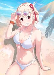  .com_(bot_com1) adjusting_eyewear bare_shoulders beach bikini blonde_hair bob_cut breasts cleavage collarbone eyewear_on_head female grin hair_ribbon halterneck hand_on_eyewear highres large_breasts looking_at_viewer lycoris_recoil navel nishikigi_chisato one_side_up red_eyes ribbon scrunchie short_hair sitting smile solo stomach string_bikini swimsuit teeth tinted_eyewear water white_bikini wrist_scrunchie 