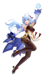  absurdres ahoge arm_up armpits bell black_gloves black_legwear blue_hair bodystocking breasts detached_sleeves female flower_knot full_body ganyu_(genshin_impact) genshin_impact gloves gold_trim high_heels highres horns long_hair looking_at_another medium_breasts neck_bell orb pelvic_curtain purple_eyes red_rope rope sidelocks solo standing tassel thighlet thighs waist_cape white_background white_sleeves wind wind_lift yamaneko_(tkdrumsco) 