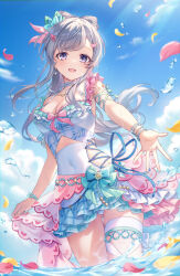  ass_visible_through_thighs blue_eyes blue_sky bow bracelet breasts cleavage commentary earrings grey_hair hair_ornament hairbow heart heart_print highres idolmaster idolmaster_shiny_colors iku2727 jewelry long_hair medium_breasts multicolored_clothes multicolored_swimsuit official_alternate_costume official_alternate_hairstyle open_hand open_mouth pearl_bracelet petals ponytail sky smile splashing swimsuit wading yukoku_kiriko 