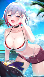  a10_(avxv8374) absurdres bikini black_choker blue_eyes blue_sky breasts choker cleavage cloud day female grey_hair highres honkai:_star_rail honkai_(series) large_breasts leaning_forward multicolored_hair navel numby_(honkai:_star_rail) open_fly open_mouth pool red_hair red_shorts short_shorts shorts sky solo stomach streaked_hair swimsuit topaz_(honkai:_star_rail) trotter_(honkai:_star_rail) wading wet white_bikini 