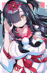  black_hair black_wings blunt_bangs bombergirl breasts collarbone detached_sleeves highres hiiro_(bomber_girl) huge_breasts long_hair neckerchief nontraditional_miko omochishiki one_eye_covered panties pelvic_curtain sailor_collar side-tie_panties sideboob sidelocks tengu underwear very_long_hair wide_hips wings yellow_eyes 