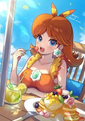  artist_name blue_eyes blue_sky bow brown_hair cup day drinking_glass drinking_straw earrings female flower_earrings food fork frilled_one-piece_swimsuit frills fruit hair_ribbon hairbow highres holding holding_fork jewelry lemon lemon_slice looking_at_viewer mario_(series) medium_hair official_alternate_costume one-piece_swimsuit open_mouth orange_bow orange_one-piece_swimsuit outdoors plate ponfu_y princess_daisy princess_daisy_(swimwear) ribbon sky solo strawberry striped_bow swimsuit teeth two-tone_bow two-tone_one-piece_swimsuit upper_teeth_only waffle yellow_bow yellow_one-piece_swimsuit 