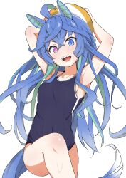  absurdres animal_ears armpits arms_up ball blue_eyes blue_hair blue_one-piece_swimsuit commentary_request crossed_bangs ear_covers female green_hair hair_between_eyes heterochromia highres holding holding_ball horse_ears horse_girl horse_tail long_hair looking_at_viewer multicolored_hair one-piece_swimsuit pink_eyes sharp_teeth shijimi_(sijimi1917) simple_background solo swimsuit tail teeth tracen_swimsuit twin_turbo_(umamusume) two-tone_hair umamusume wet white_background 