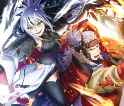  1boy armor black_hair commentary_request fake_horns fate/grand_order fate_(series) female green_eyes grey_eyes grey_hair high_ponytail hip_vent holding holding_polearm holding_weapon horned_headwear horns japanese_armor kamuinii kote long_hair multicolored_hair nagao_kagetora_(fate) open_mouth polearm red_armor rope_belt shoulder_armor sode streaked_hair takeda_shingen_(fate) teeth thighhighs two-tone_hair uesugi_kenshin_(fate) uesugi_kenshin_(first_ascension)_(fate) weapon 