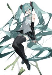  aqua_eyes aqua_hair aqua_nails arm_tattoo bare_shoulders black_footwear black_skirt boots breasts collared_shirt corrupted_twitter_file crossed_legs detached_sleeves female full_body grey_shirt hair_between_eyes hatsune_miku headphones highres invisible_chair long_hair looking_at_viewer microphone necktie open_mouth qi_xia shirt sitting skirt sleeveless sleeveless_shirt small_breasts smile solo spring_onion tattoo thigh_boots twintails very_long_hair vocaloid 