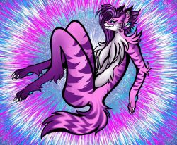  2024 abstract_background anthro black_nose blue_eyes blue_pawpads breasts canid canine canis casual_nudity closed_smile digital_media_(artwork) digitigrade empty_eyes eyelashes fangs feet female fingers fluffy_chest freckled_face freckles full-length_portrait fur gyoza_(gyoza_x3) hair inner_ear_fluff mammal mouth_closed multicolored_body multicolored_fur nude pawpads paws portrait purple_body purple_fur purple_hair side_view smile snout solo striped_body striped_fur stripes tail teeth toes tuft unknown_artist white_body white_fur wolf zoophilia_pride_colors 