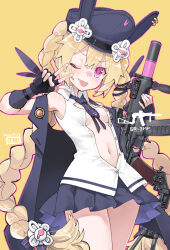  animal_ears assault_rifle black_gloves black_necktie black_skirt blonde_hair braided_twintails breasts character_name collared_shirt commentary commentary_request cowboy_shot dated dress_shirt fake_animal_ears female fingerless_gloves fujii_jun girls&#039;_frontline gloves gun hair_between_eyes hand_up hat hat_with_ears holding holding_gun holding_weapon long_hair looking_at_viewer navel necktie one_eye_closed partially_unbuttoned pink_eyes rabbit_ears rifle shirt short_necktie simple_background skirt sleeveless sleeveless_shirt small_breasts solo sr-3mp sr-3mp_(girls&#039;_frontline) tongue tongue_out v weapon weapon_name white_shirt yellow_background 