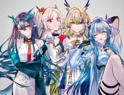  4girls arknights black_gloves black_hair blonde_hair blue_hair breasts cleavage colored_skin dragon_girl dragon_horns dragon_tail dusk_(arknights) earrings gloves green_skin grey_background grey_hair hair_between_eyes highres horns jewelry ling_(arknights) looking_at_viewer multicolored_hair multiple_girls necktie nian_(arknights) okome_(okome9219) one_eye_closed pointy_ears purple_eyes red_eyes red_hair red_necktie red_skin shu_(arknights) siblings simple_background sisters streaked_hair tail tassel tassel_earrings thigh_strap white_hair yellow_skin 