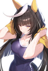  animal_ears black_hair blue_one-piece_swimsuit breasts calstone_light_o_(umamusume) commentary_request competition_school_swimsuit competition_swimsuit covered_navel female hair_between_eyes highres holding holding_towel horse_ears horse_girl horse_tail long_hair looking_at_viewer medium_breasts multicolored_hair one-piece_swimsuit parted_lips school_swimsuit simple_background solo streaked_hair swimsuit tail tomo_(tmtm_mf_mf) towel tracen_swimsuit umamusume very_long_hair wet white_background white_hair yellow_eyes 