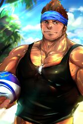  1boy ball bara beach beard_stubble black_tank_top commentary_request doro_rich facial_hair final_fantasy final_fantasy_x headband holding holding_ball large_pectorals male_focus muscular muscular_male orange_hair outdoors paid_reward_available pectoral_cleavage pectorals sideburns solo sparse_chest_hair stubble tank_top upper_body wakka 