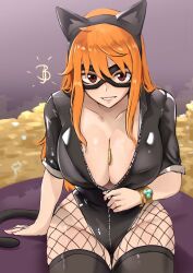  breasts brown_eyes cat_tail coin female fishnet_pantyhose fishnets highres large_breasts long_hair looking_at_viewer nami_(one_piece) one_piece orange_hair pantyhose smile solo tail vialnite 