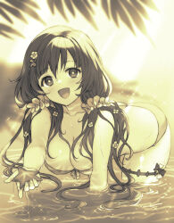  :d breasts cleavage ekra female granblue_fantasy hair_between_eyes hair_ornament hair_scrunchie large_breasts leaning_forward long_hair looking_at_viewer monochrome raziel_(granblue_fantasy) raziel_(summer)_(granblue_fantasy) scrunchie smile starfish thick_thighs thighs twintails water white_scrunchie 