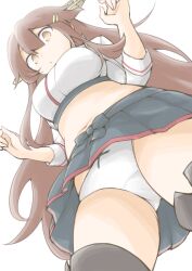  akara_kai alternate_costume black_footwear female from_below grey_hair haruna_(kancolle) highres long_hair orange_eyes panties race_queen solo underwear white_panties 