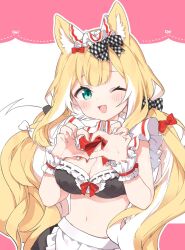  :d animal_ear_fluff animal_ears black_bow black_bra black_skirt blonde_hair blush bow bowtie bra breasts cleavage collar commentary_request detached_collar dot_nose female fox_ears fox_girl frilled_wrist_cuffs frills fuwafuwa-chan_(kamiyoshi_rika) green_eyes hairbow heart heart_hands highres kamiyoshi_rika long_hair looking_at_viewer medium_breasts midriff navel oerba_yun_fang one_eye_closed open_mouth original red_bow skirt smile solo underwear upper_body white_background white_bow white_collar white_wrist_cuffs wrist_cuffs 