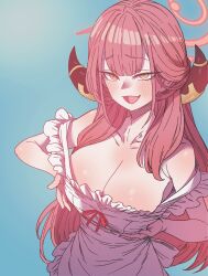  absurdres anygatsby apron aru_(blue_archive) blue_archive blue_background blush breasts cleavage double_strap_slip female from_above halo highres horns large_breasts long_hair oerba_yun_fang open_mouth pink_hair pink_halo simple_background smile solo white_apron yellow_eyes 