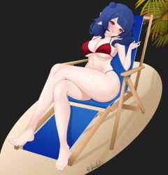  :q barefoot beach_chair bikini blue_hair breasts crossed_legs dizzy_dokuro double_bun female hair_bun highres large_breasts leaf linea_alba long_hair nail_polish navel phase_connect pointy_ears red_bikini red_eyes solo swimsuit toenail_polish toenails tongue tongue_out twitter_username virtual_youtuber white_nails wriskelis 