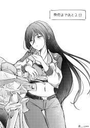  absurdres belt commentary_request countdown eiyuu_densetsu emilia_harling female greyscale hair_between_eyes highres kai_no_kiseki kuro_no_kiseki_(series) long_hair midriff monochrome motor_vehicle motorcycle multicolored_hair navel pants polly_(cott) simple_background solo standing streaked_hair two-tone_hair white_background 