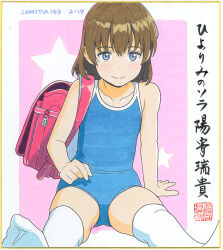  backpack bag blue_eyes blue_one-piece_swimsuit blush brown_hair comitia_143 commentary_request female flat_chest hiyori_mizuki looking_at_viewer marker_(medium) one-piece_swimsuit original randoseru shikishi short_hair sitting solo star_(symbol) swimsuit thighhighs traditional_media white_thighhighs 