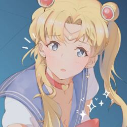  anata_no_utahime_(lzr13708949567) bishoujo_senshi_sailor_moon blonde_hair blue_eyes breasts choker cleavage crescent crescent_earrings earrings female heart heart_choker jewelry looking_at_viewer meme red_choker sailor_moon_redraw_challenge_(meme) sailor_senshi_uniform solo tsukino_usagi 