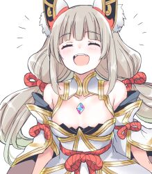  ^_^ animal_ear_fluff blush closed_eyes dress female gold_trim grey_hair long_hair mizuki_riko nia_(blade)_(xenoblade) nia_(xenoblade) open_mouth raised_eyebrows simple_background smile solo teeth upper_body upper_teeth_only white_background white_dress xenoblade_chronicles_(series) xenoblade_chronicles_2 