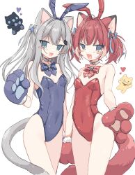  2girls :3 akami_karubi animal_ear_hairband animal_ears animal_hands bare_shoulders blue_bow blue_bowtie blue_eyes blue_leotard blush_stickers bow bowtie breasts cat_ears cat_girl cat_tail chibi chibi_inset choker cowboy_shot fake_animal_ears gloves grey_hair hairband hand_up heart heart_choker highleg highleg_leotard highres indie_virtual_youtuber leotard looking_at_viewer multiple_girls nachoneko oerba_yun_fang open_mouth paw_gloves playboy_bunny rabbit_ear_hairband rabbit_ears red_bow red_bowtie red_hair red_leotard sentouryoku_5 short_hair short_twintails side-by-side simple_background small_breasts smile standing strapless strapless_leotard tail twintails two_side_up virtual_youtuber 