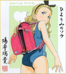  ass backpack bag bangs_pinned_back blonde_hair blue_eyes blue_one-piece_swimsuit blush commentary_request competition_school_swimsuit cowboy_shot female frown heart hiyori_mizuki kurumi_(lycoris_recoil) long_hair looking_at_viewer looking_back lycoris_recoil marker_(medium) one-piece_swimsuit randoseru red_bag school_swimsuit shikishi solo swimsuit traditional_media 