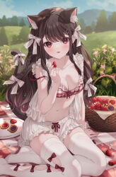  animal_ear_fluff animal_ears bare_arms bare_shoulders bow bra braid breasts brown_hair cat_ears cat_girl cat_tail cleavage closed_mouth collarbone female food frilled_shorts frills fruit hairbow hand_up highres holding holding_food holding_fruit jimmy_madomagi long_hair looking_at_viewer medium_breasts navel no_shoes open_clothes open_shirt original picnic_basket plaid_bra plaid_clothes red_bra red_eyes ribbon shirt short_shorts shorts sitting sleeveless sleeveless_shirt smile solo stomach strawberry tail tail_ornament tail_ribbon thighhighs tongue tongue_out underwear white_shirt white_shorts white_thighhighs yokozuwari 